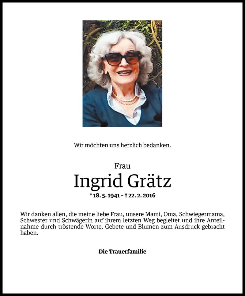  Todesanzeige für Ingrid Grätz vom 11.03.2016 aus Vorarlberger Nachrichten