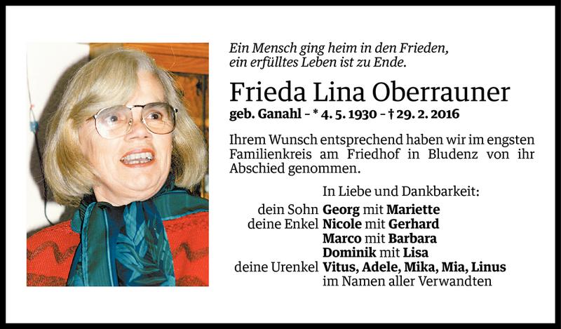  Todesanzeige für Frieda Lina Oberrauner vom 12.03.2016 aus Vorarlberger Nachrichten