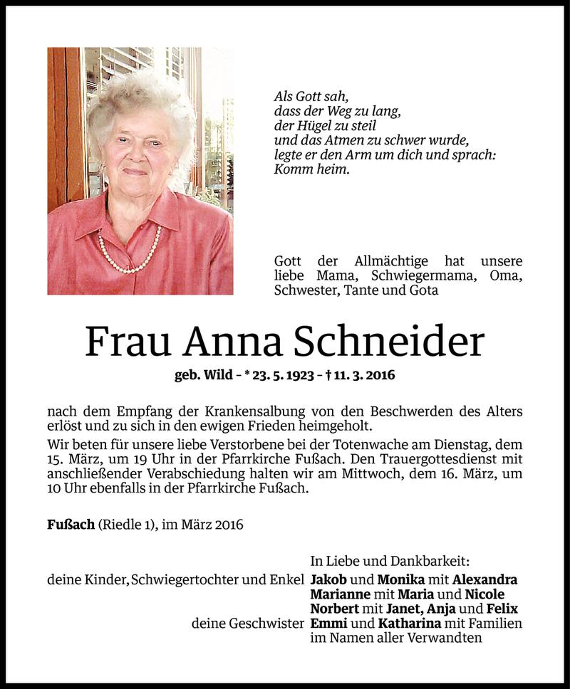  Todesanzeige für Anna Schneider vom 11.03.2016 aus Vorarlberger Nachrichten