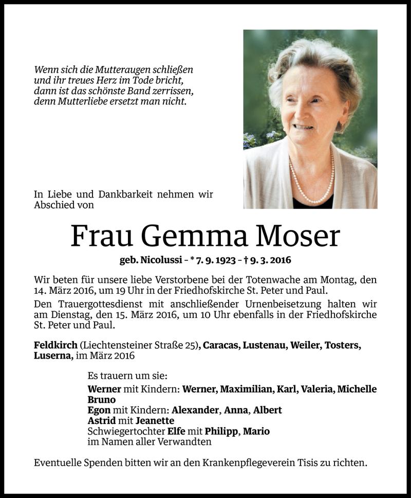  Todesanzeige für Gemma Moser vom 11.03.2016 aus Vorarlberger Nachrichten