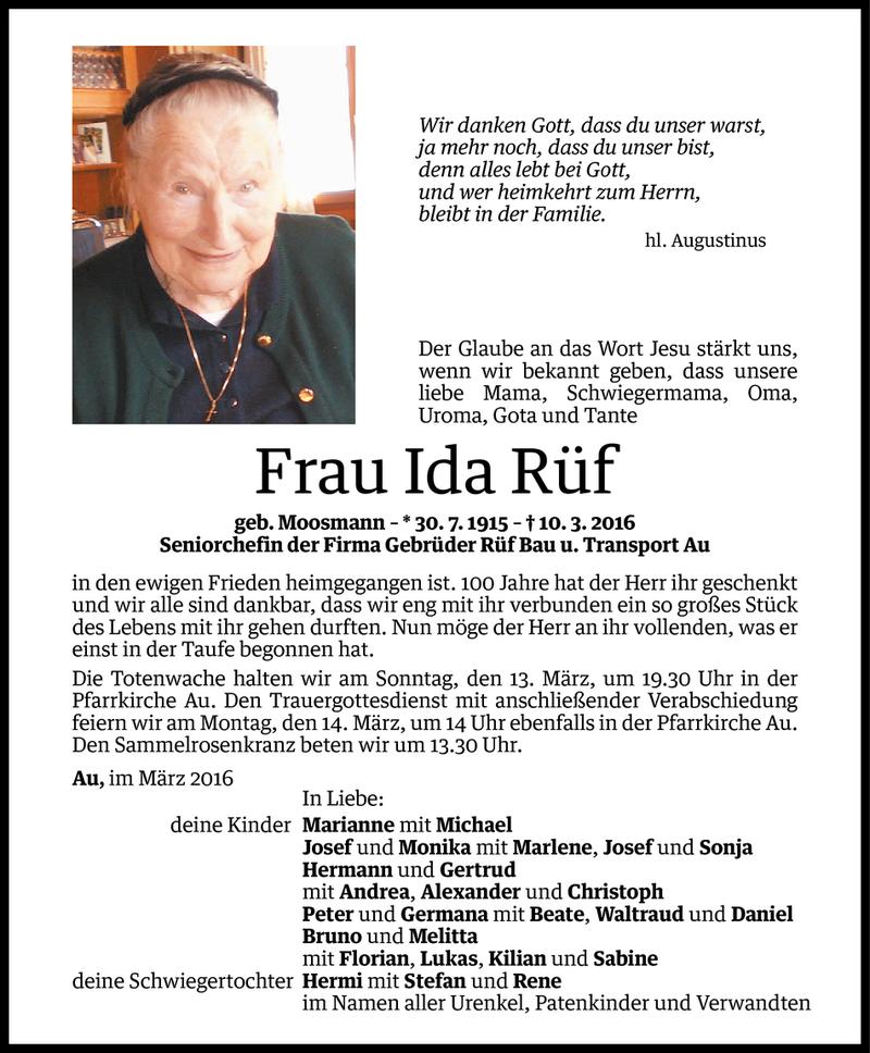  Todesanzeige für Ida Rüf vom 11.03.2016 aus Vorarlberger Nachrichten