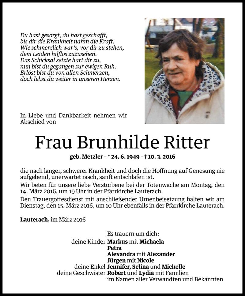  Todesanzeige für Brunhilde Ritter vom 11.03.2016 aus Vorarlberger Nachrichten