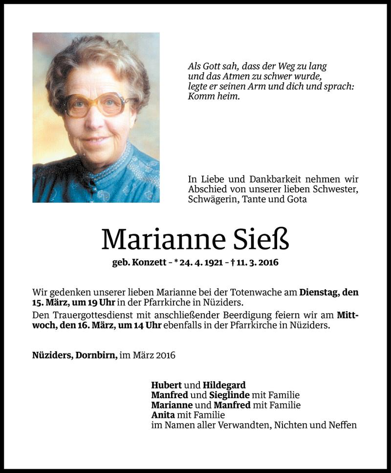  Todesanzeige für Marianne Sieß vom 12.03.2016 aus Vorarlberger Nachrichten