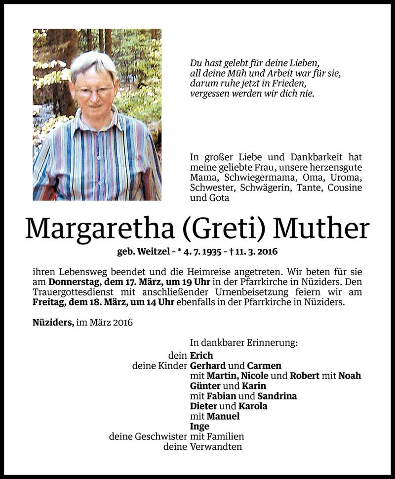  Todesanzeige für Margaretha Muther vom 14.03.2016 aus Vorarlberger Nachrichten