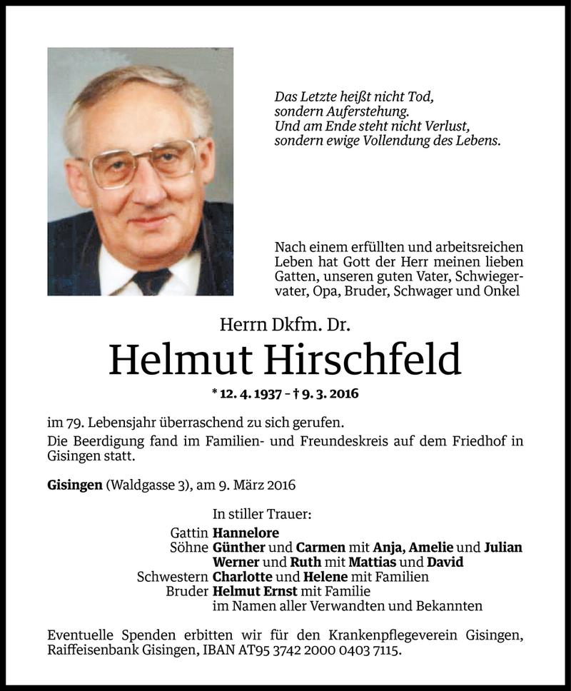  Todesanzeige für Helmut Hirschfeld vom 15.03.2016 aus Vorarlberger Nachrichten