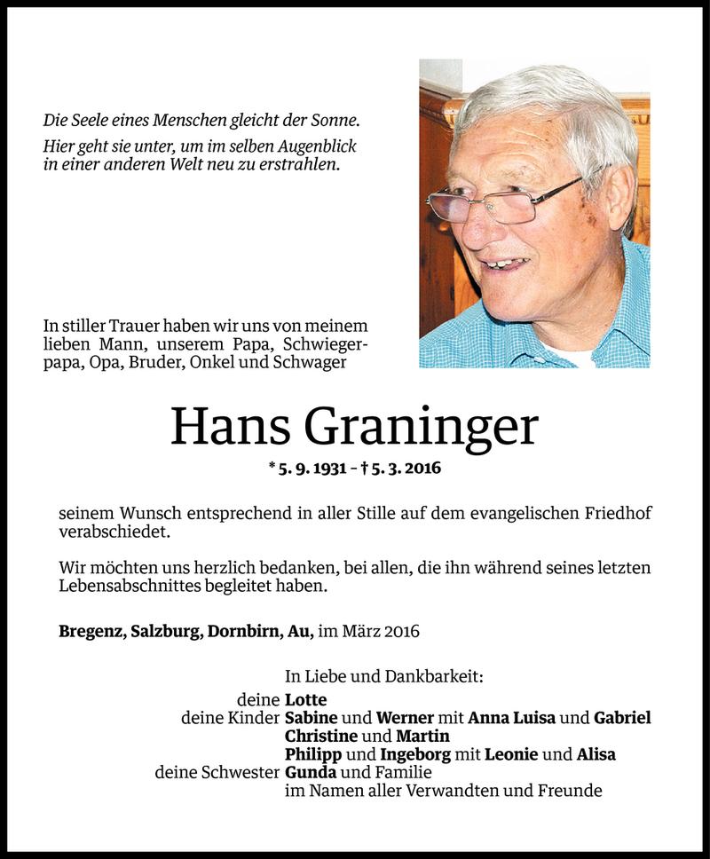  Todesanzeige für Hans Graninger vom 15.03.2016 aus Vorarlberger Nachrichten