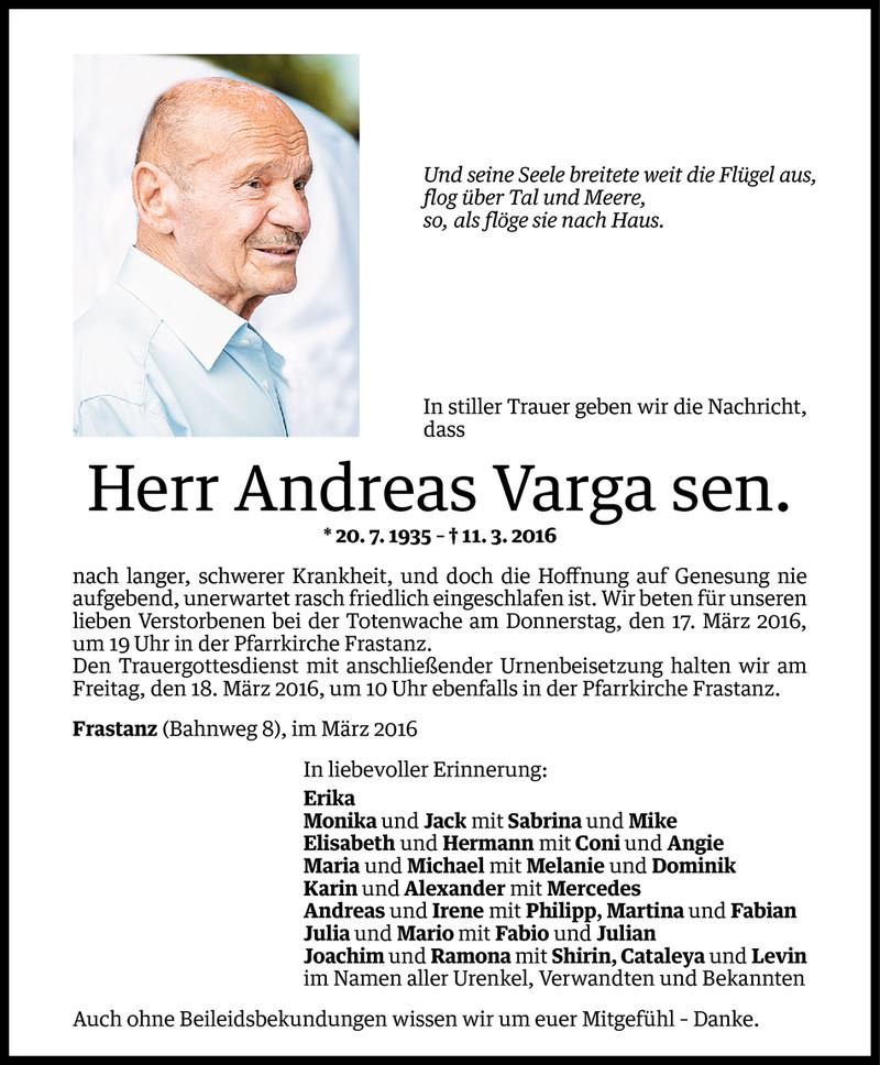  Todesanzeige für Andreas Varga vom 14.03.2016 aus Vorarlberger Nachrichten