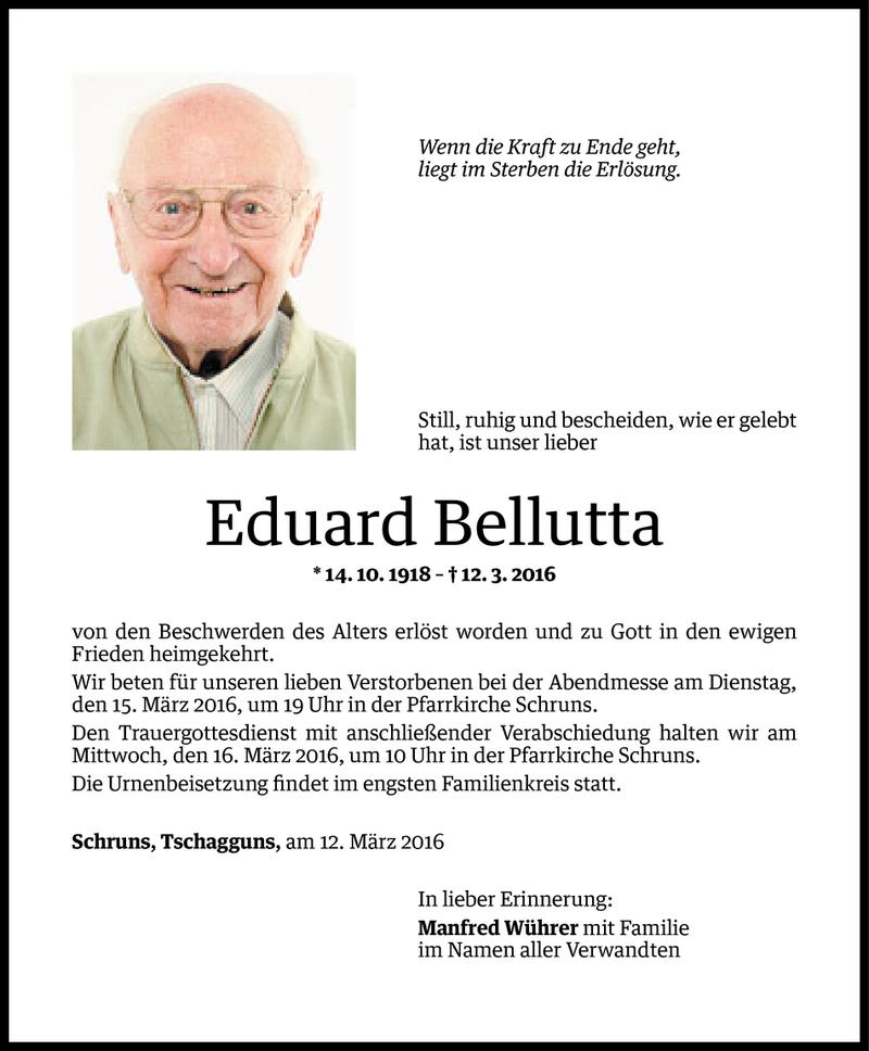  Todesanzeige für Eduard Bellutta vom 14.03.2016 aus Vorarlberger Nachrichten