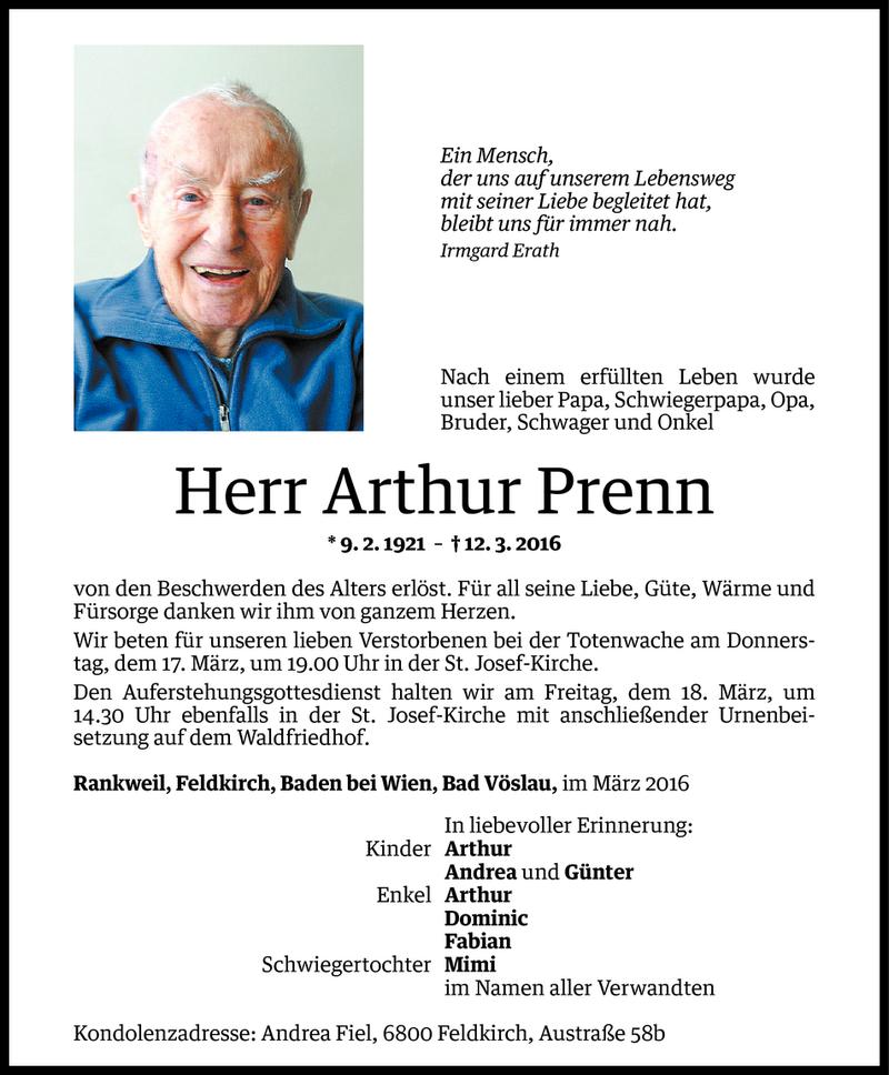  Todesanzeige für Arthur Prenn vom 16.03.2016 aus Vorarlberger Nachrichten