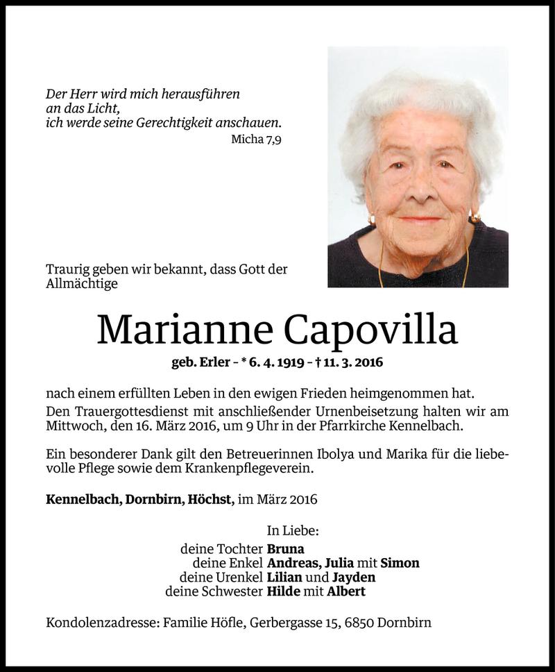  Todesanzeige für Marianne Capovilla vom 14.03.2016 aus Vorarlberger Nachrichten