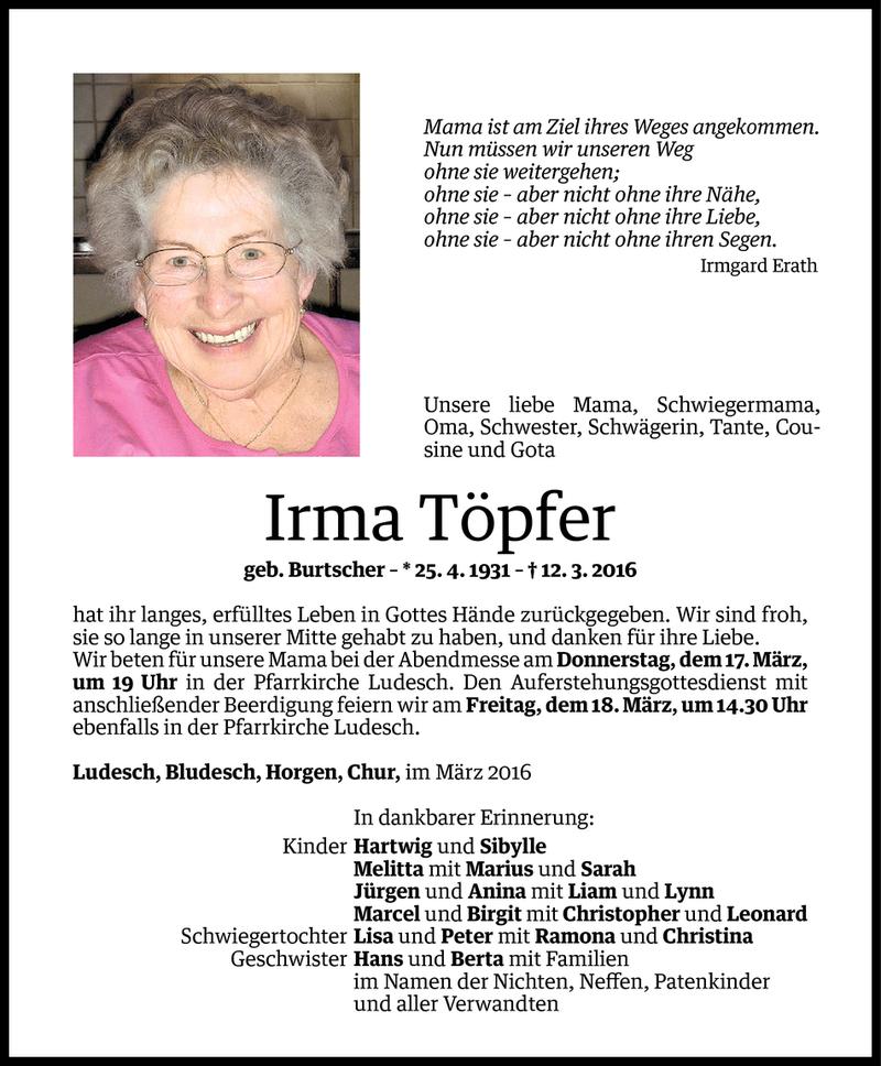  Todesanzeige für Irma Töpfer vom 15.03.2016 aus Vorarlberger Nachrichten