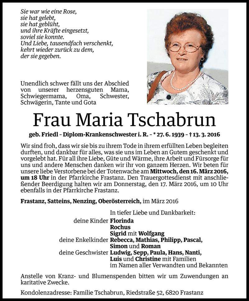  Todesanzeige für Maria Tschabrun vom 14.03.2016 aus Vorarlberger Nachrichten