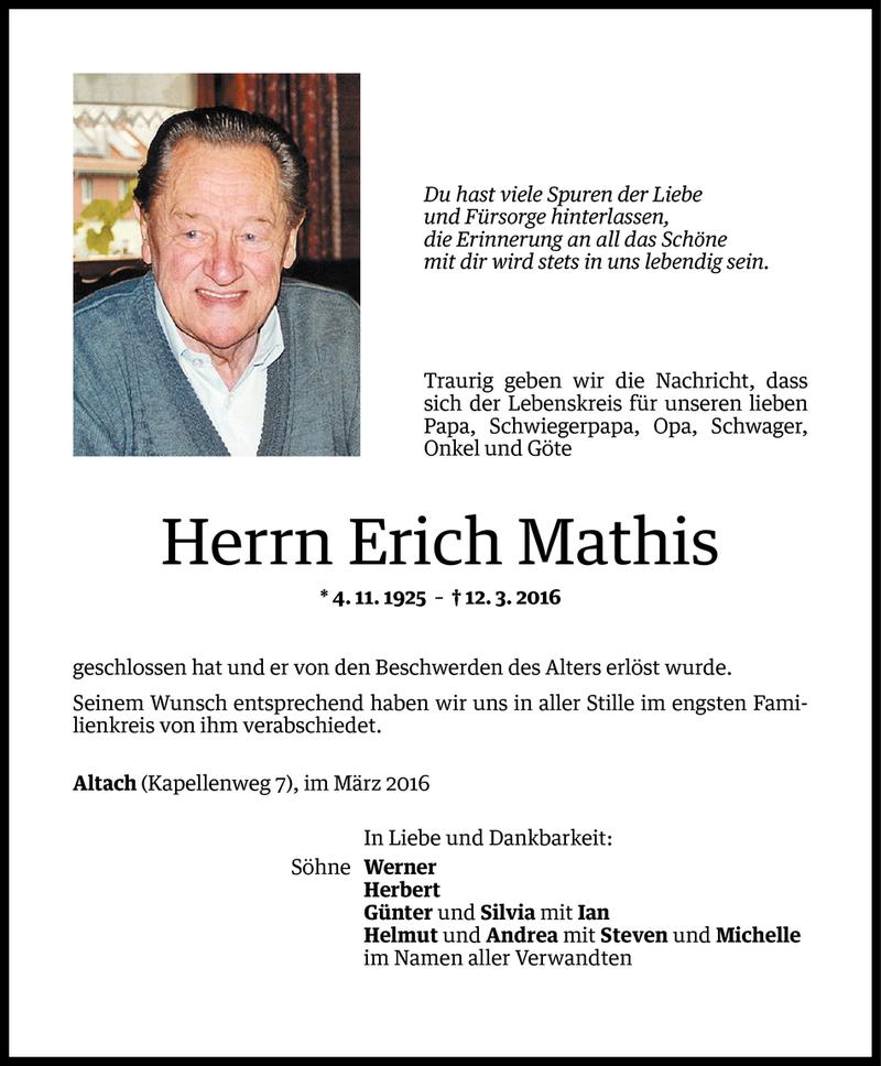  Todesanzeige für Erich Mathis vom 16.03.2016 aus Vorarlberger Nachrichten