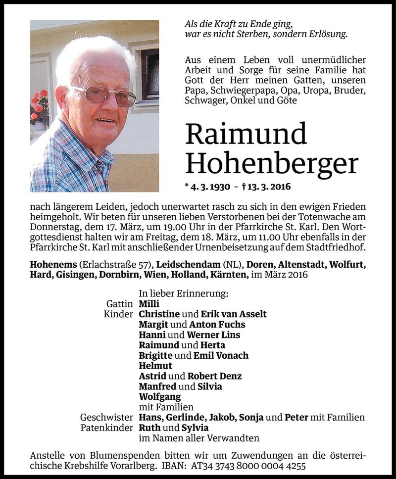  Todesanzeige für Raimund Hohenberger vom 16.03.2016 aus Vorarlberger Nachrichten