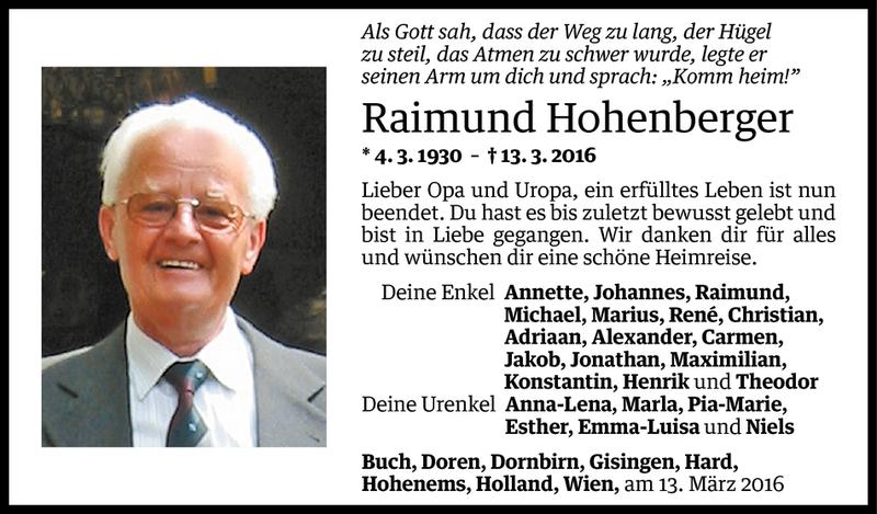  Todesanzeige für Raimund Hohenberger vom 16.03.2016 aus Vorarlberger Nachrichten