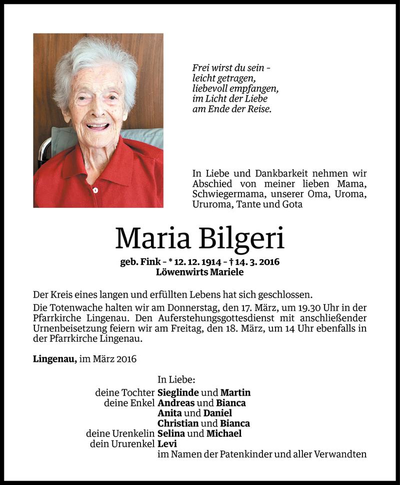  Todesanzeige für Maria Bilgeri vom 15.03.2016 aus Vorarlberger Nachrichten