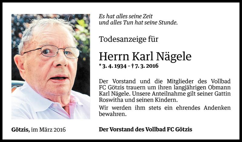  Todesanzeige für Karl Nägele vom 15.03.2016 aus Vorarlberger Nachrichten