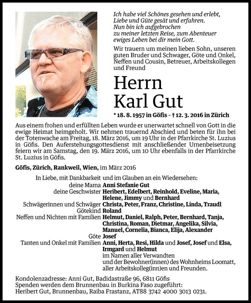  Todesanzeige für Karl Gut vom 15.03.2016 aus Vorarlberger Nachrichten