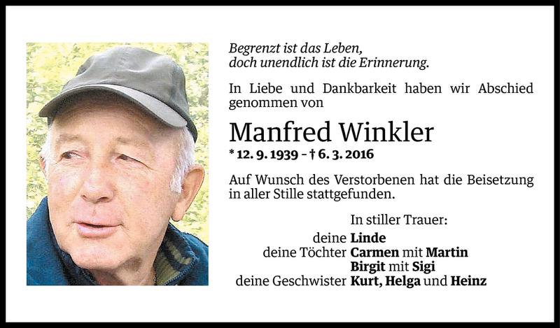  Todesanzeige für Manfred Winkler vom 17.03.2016 aus Vorarlberger Nachrichten