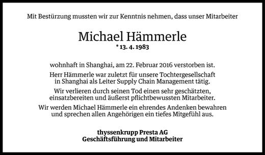 Todesanzeige von Michael Hämmerle von Vorarlberger Nachrichten