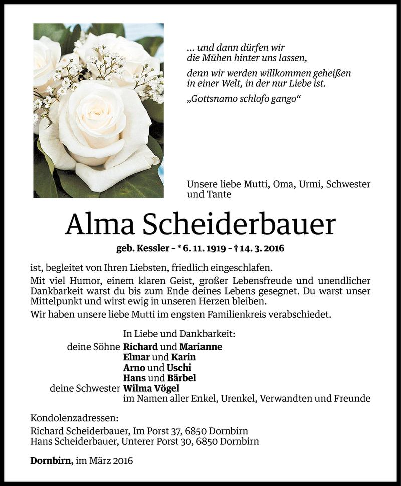  Todesanzeige für Alma Scheiderbauer vom 18.03.2016 aus Vorarlberger Nachrichten