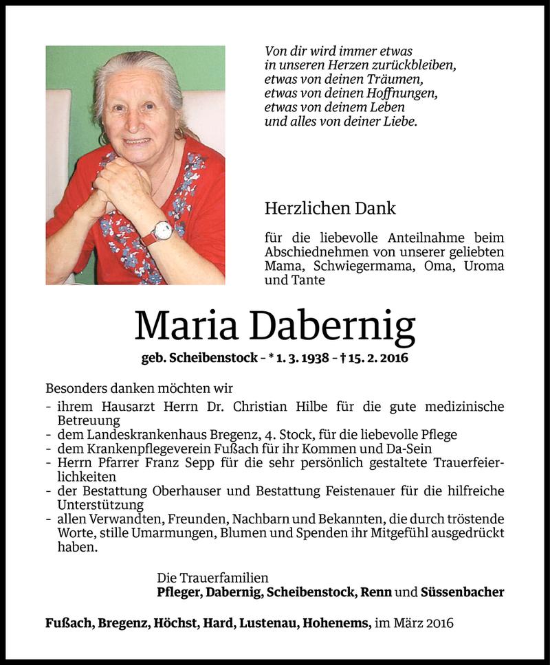  Todesanzeige für Maria Dabernig vom 17.03.2016 aus Vorarlberger Nachrichten