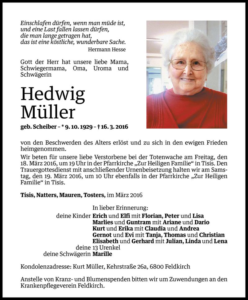  Todesanzeige für Hedwig Müller vom 16.03.2016 aus Vorarlberger Nachrichten