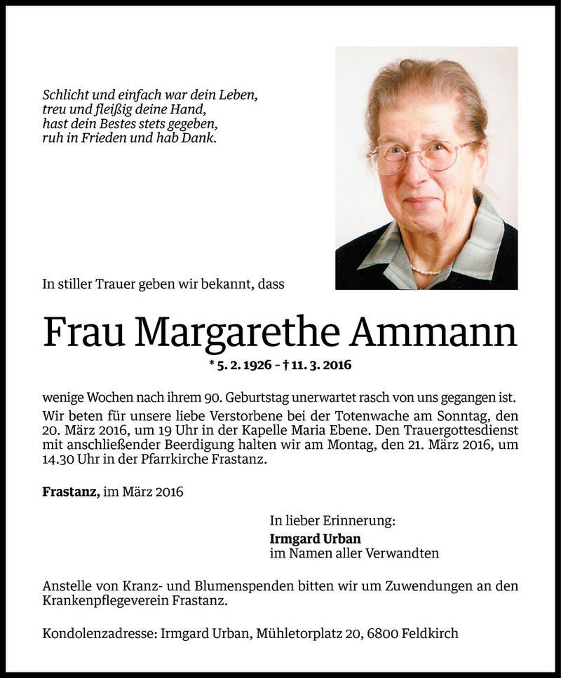  Todesanzeige für Margarethe Ammann vom 17.03.2016 aus Vorarlberger Nachrichten