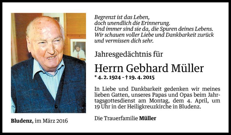 Todesanzeige für Gebhard Müller vom 31.03.2016 aus Vorarlberger Nachrichten