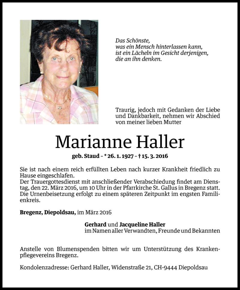  Todesanzeige für Marianne Haller vom 18.03.2016 aus Vorarlberger Nachrichten