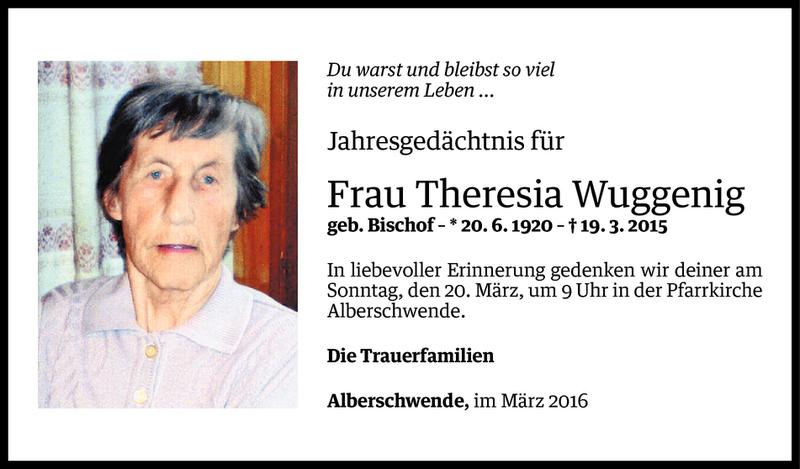  Todesanzeige für Theresia Wuggenig vom 18.03.2016 aus Vorarlberger Nachrichten