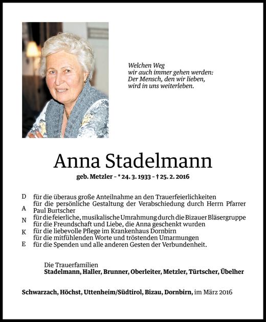 Todesanzeige von Anna Stadelmann von Vorarlberger Nachrichten