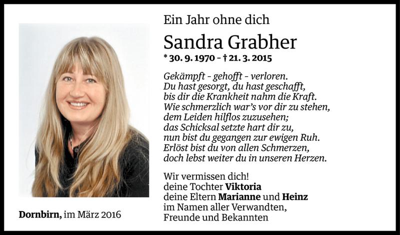  Todesanzeige für Sandra Grabher vom 20.03.2016 aus Vorarlberger Nachrichten