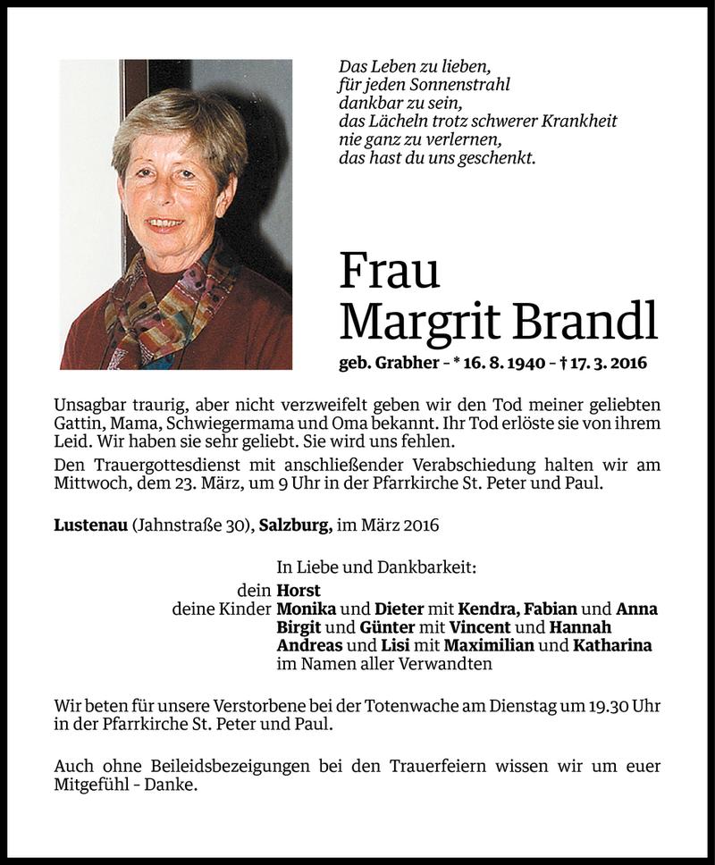  Todesanzeige für Margrit Brandl vom 18.03.2016 aus Vorarlberger Nachrichten