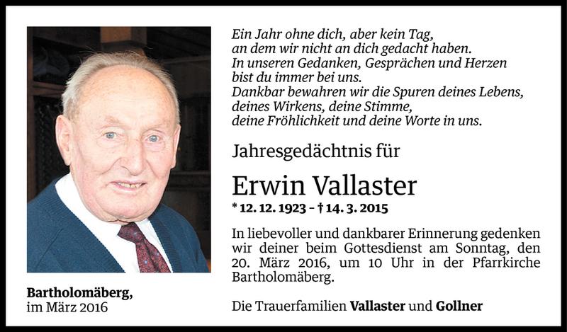  Todesanzeige für Erwin Vallaster vom 18.03.2016 aus Vorarlberger Nachrichten