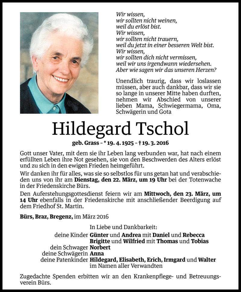  Todesanzeige für Hildegard Tschol vom 21.03.2016 aus Vorarlberger Nachrichten
