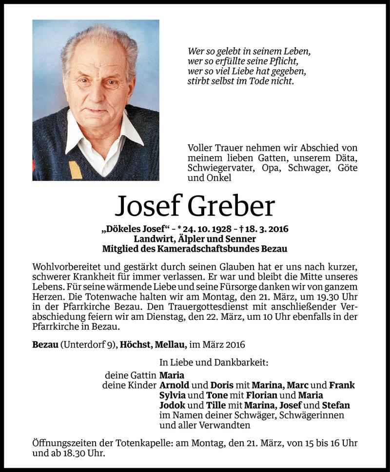  Todesanzeige für Josef Greber vom 20.03.2016 aus Vorarlberger Nachrichten