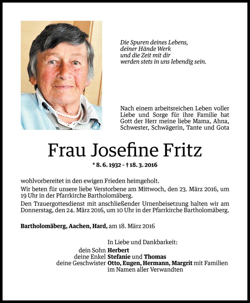  Todesanzeige für Josefine Fritz vom 20.03.2016 aus Vorarlberger Nachrichten