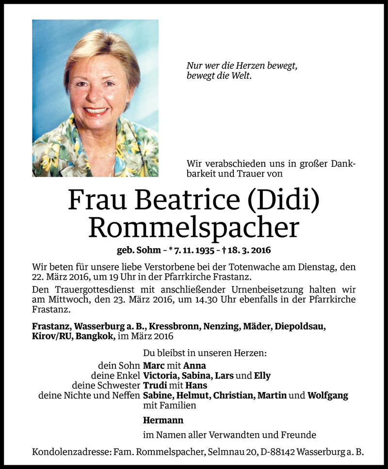  Todesanzeige für Beatrice Rommels­pacher vom 20.03.2016 aus Vorarlberger Nachrichten