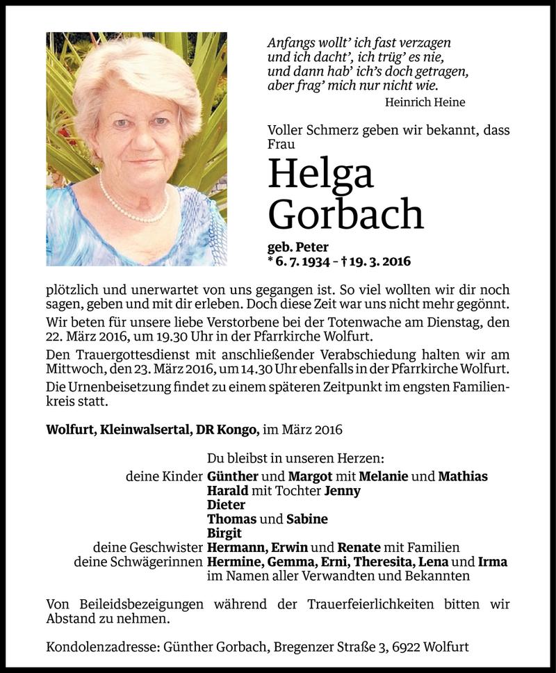  Todesanzeige für Helga Gorbach vom 20.03.2016 aus Vorarlberger Nachrichten