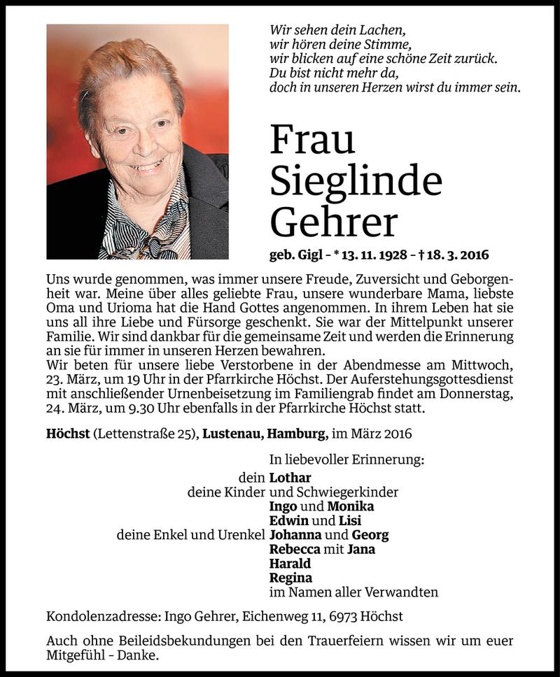 Todesanzeigen von Sieglinde Gehrer | Todesanzeigen Vorarlberger Nachrichten