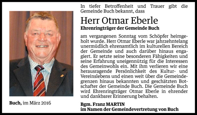  Todesanzeige für Otmar Eberle vom 21.03.2016 aus Vorarlberger Nachrichten