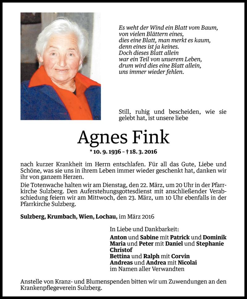  Todesanzeige für Agnes Fink vom 21.03.2016 aus Vorarlberger Nachrichten