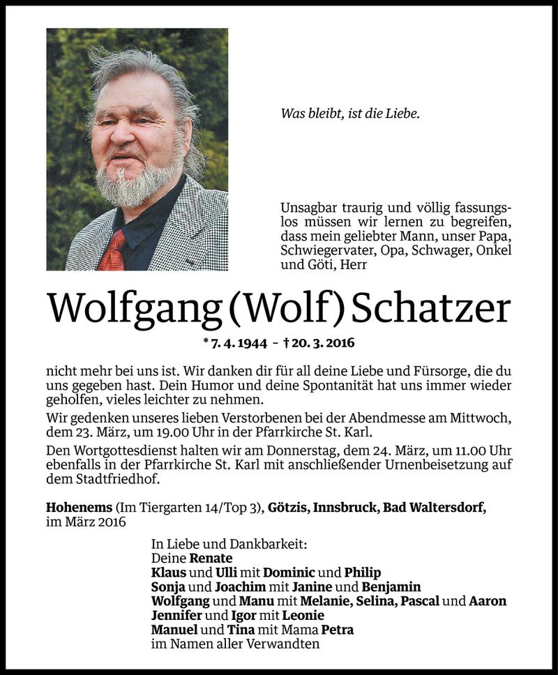  Todesanzeige für Wolfgang Schatzer vom 22.03.2016 aus Vorarlberger Nachrichten