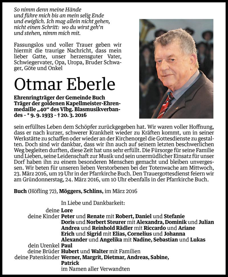  Todesanzeige für Otmar Eberle vom 21.03.2016 aus Vorarlberger Nachrichten