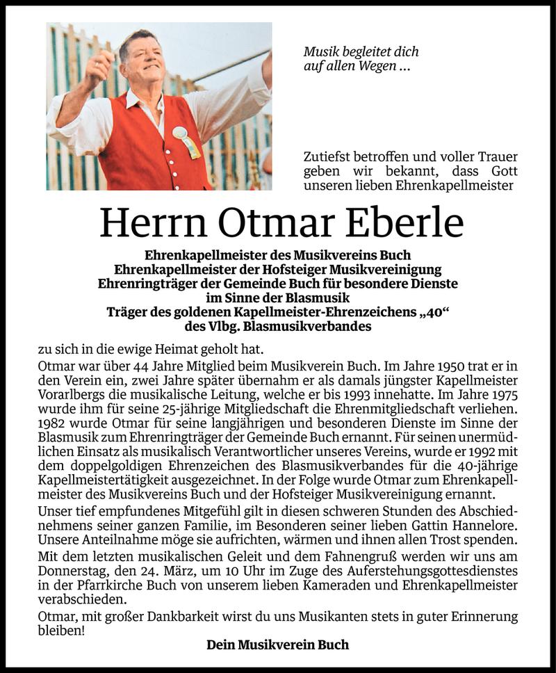  Todesanzeige für Otmar Eberle vom 21.03.2016 aus Vorarlberger Nachrichten