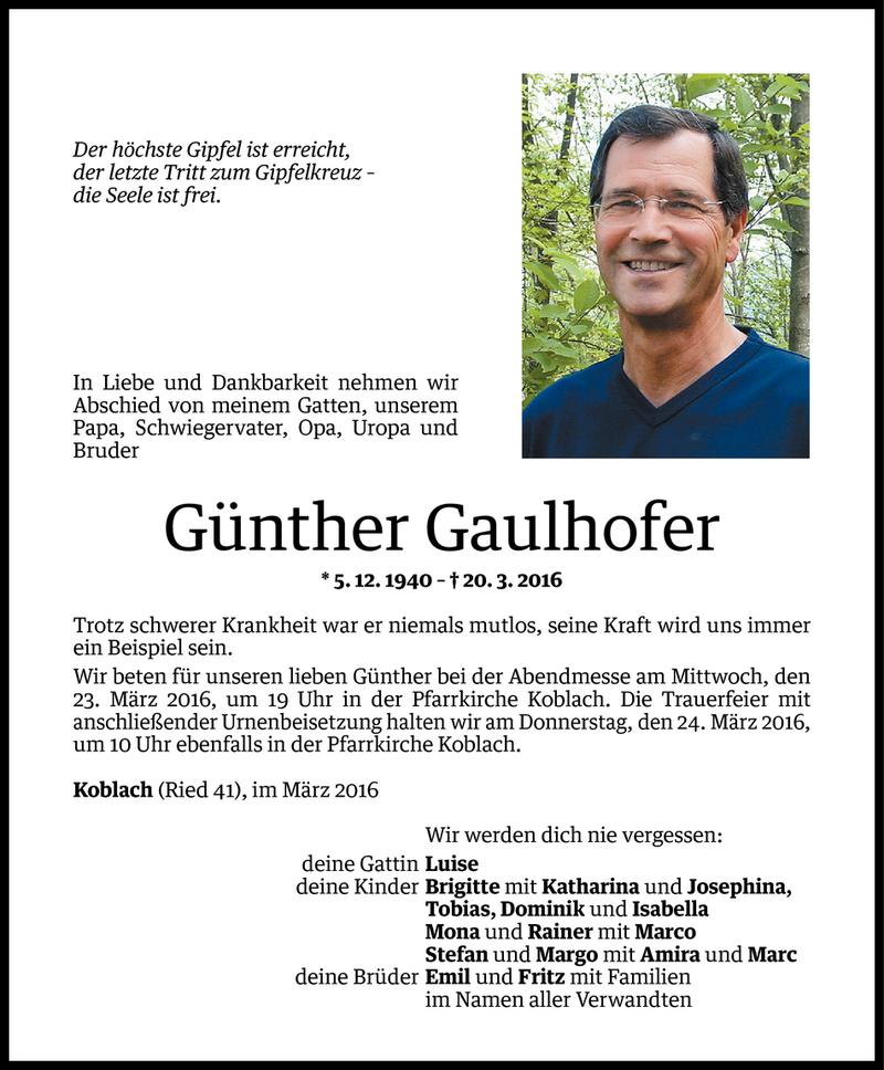  Todesanzeige für Günther Gaulhofer vom 21.03.2016 aus Vorarlberger Nachrichten