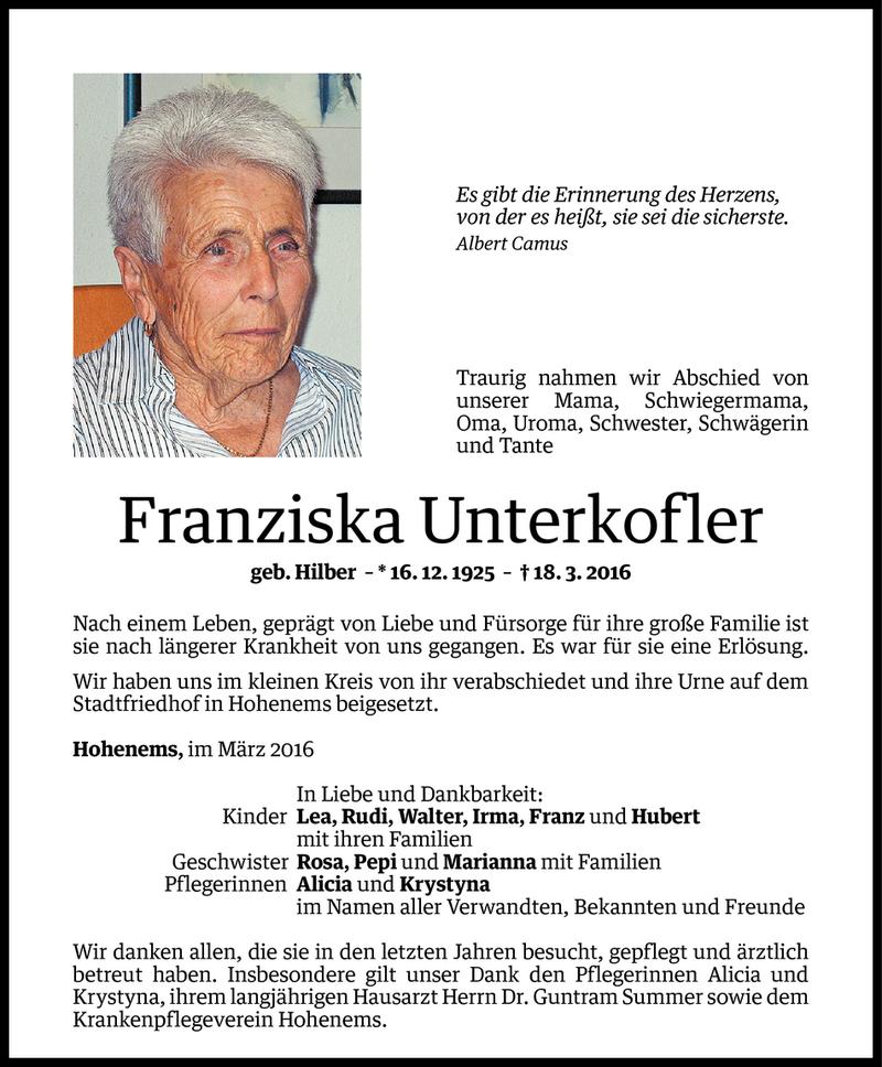  Todesanzeige für Franziska Unterkofler vom 25.03.2016 aus Vorarlberger Nachrichten