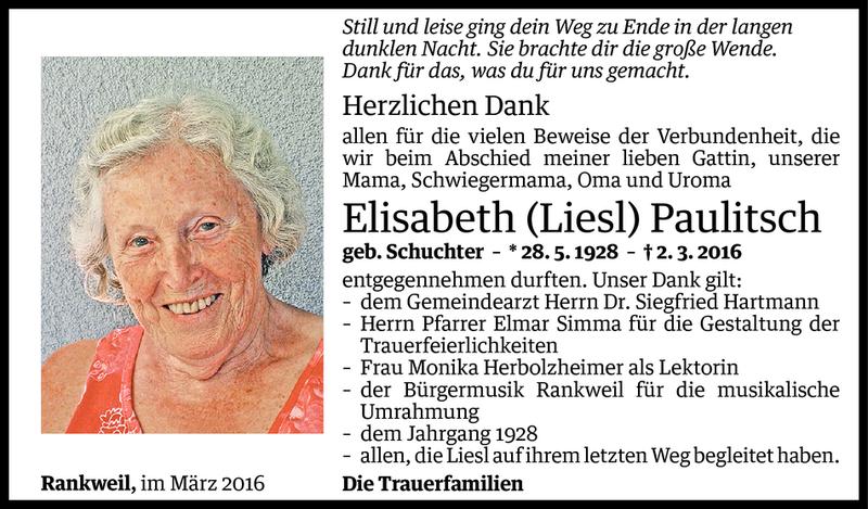  Todesanzeige für Elisabeth Paulitsch vom 25.03.2016 aus Vorarlberger Nachrichten