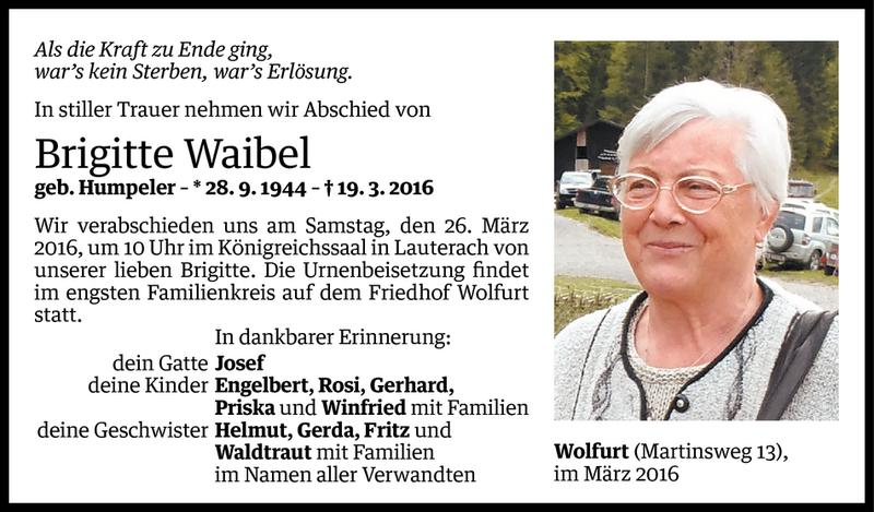 Todesanzeige für Brigitte Waibel vom 23.03.2016 aus Vorarlberger Nachrichten